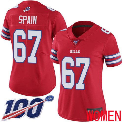 Women Buffalo Bills #67 Quinton Spain Limited Red Rush Vapor Untouchable 100th Season NFL Jersey->women nfl jersey->Women Jersey